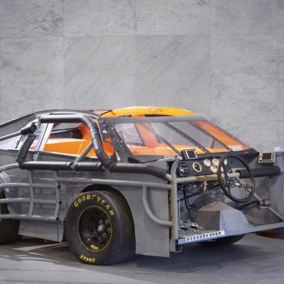 NASCAR vehicle disassembled and reassembled with the interior on the exterior