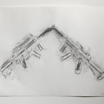 An abstracted illustration of two toy assault rifles with barrels touching on paper with graphite